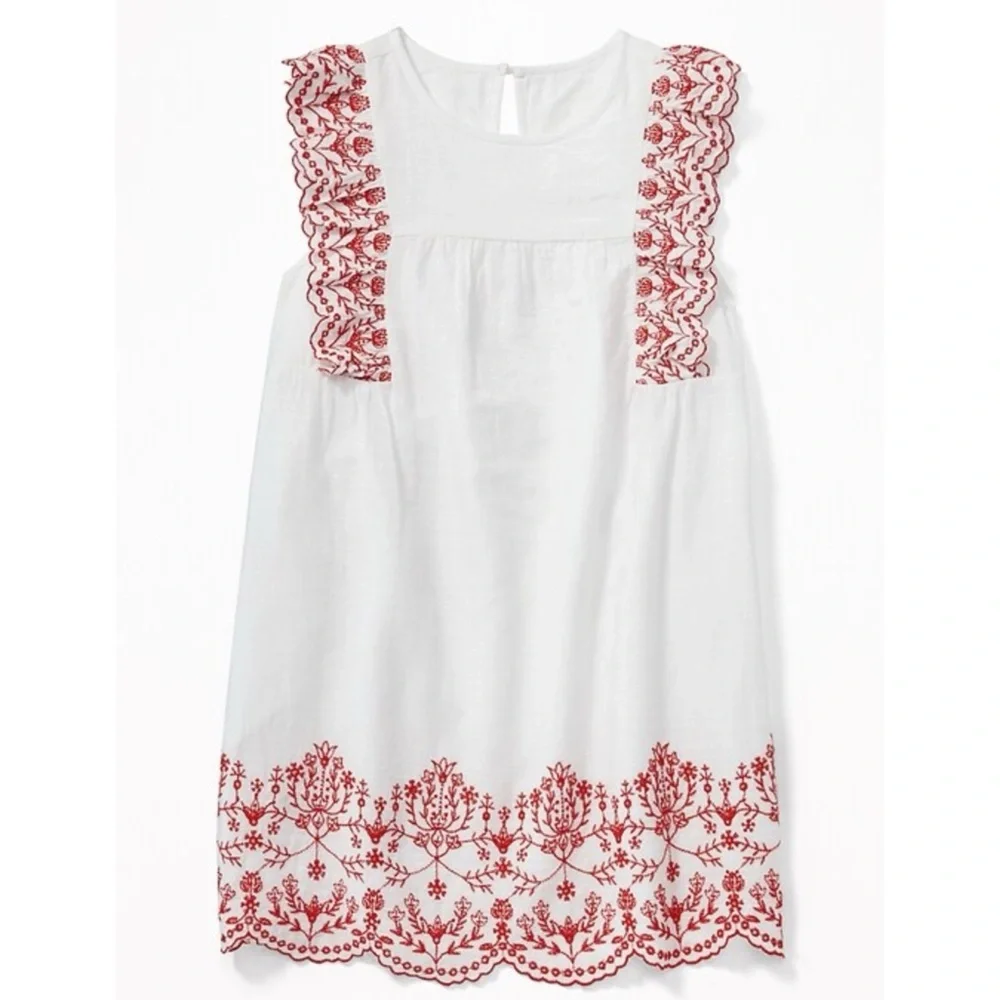 Old Navy White & Red Ruffle Embroidered Shift Dress Girls Size M 8